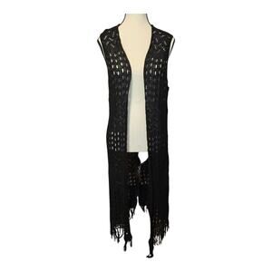 Faded Glory Fairy Grunge Crochet Duster Womens XL Black Fringe Boho Open Front